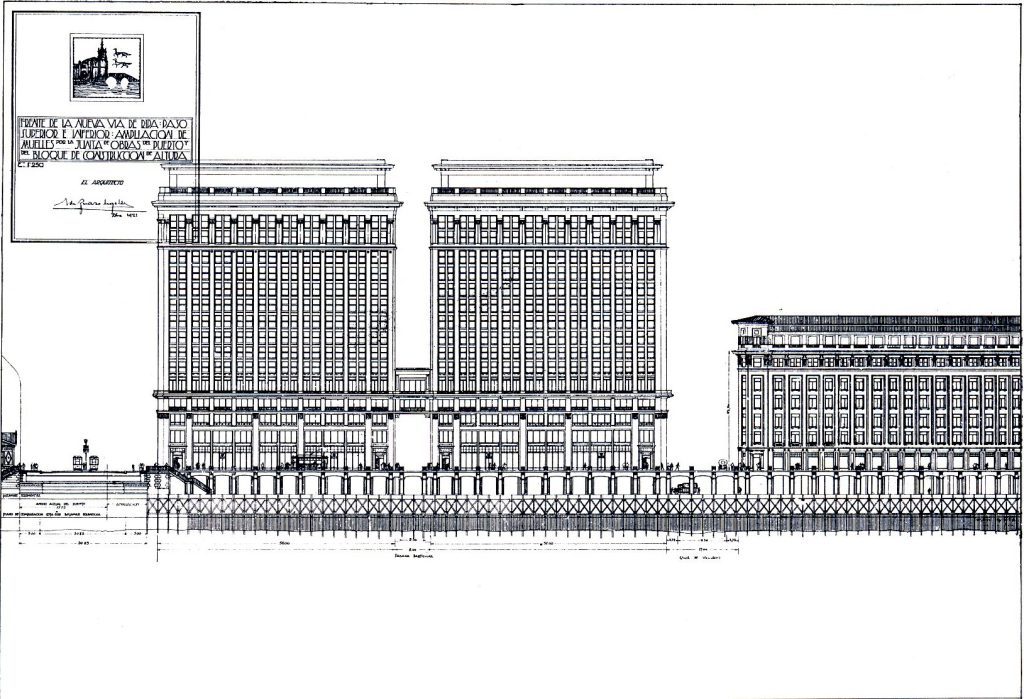 Trazado vertical, zona alta (frente fluvial de Ripa). Plano del proyecto de Zuazo. 1922.